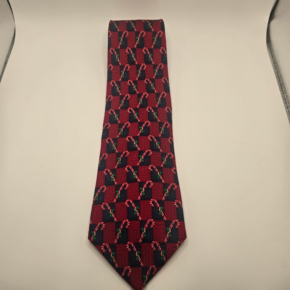 FN Silk Tie Mens Red Navy Blue Candy Cane Christmas Holiday Checkered Necktie